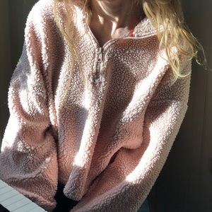 cute fuzzy pink champion cropped zip sweatshirt